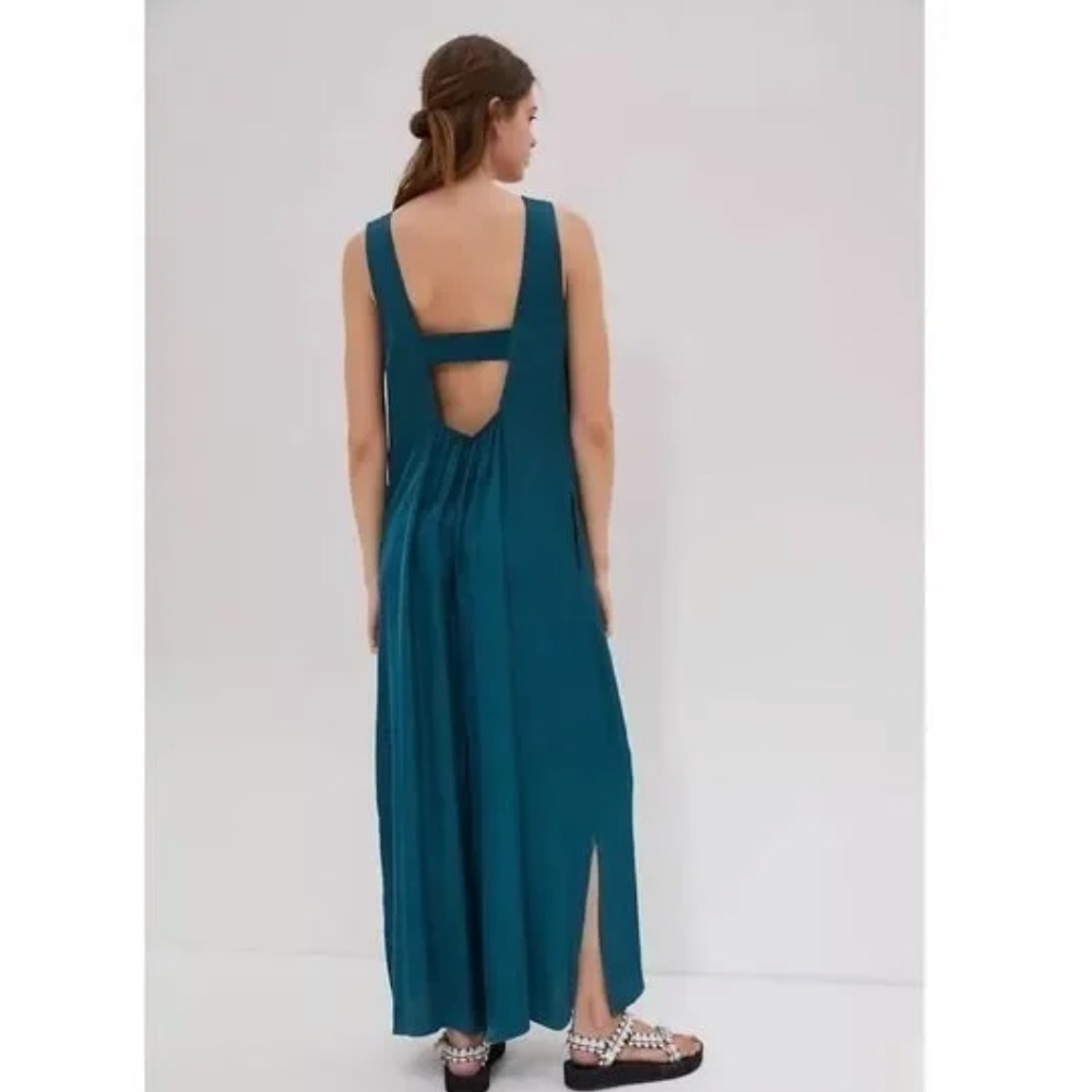 NWT Anthropologie Juniper Dark Turquoise Wide-Leg V-Neck Cut-Out Jumpsuit